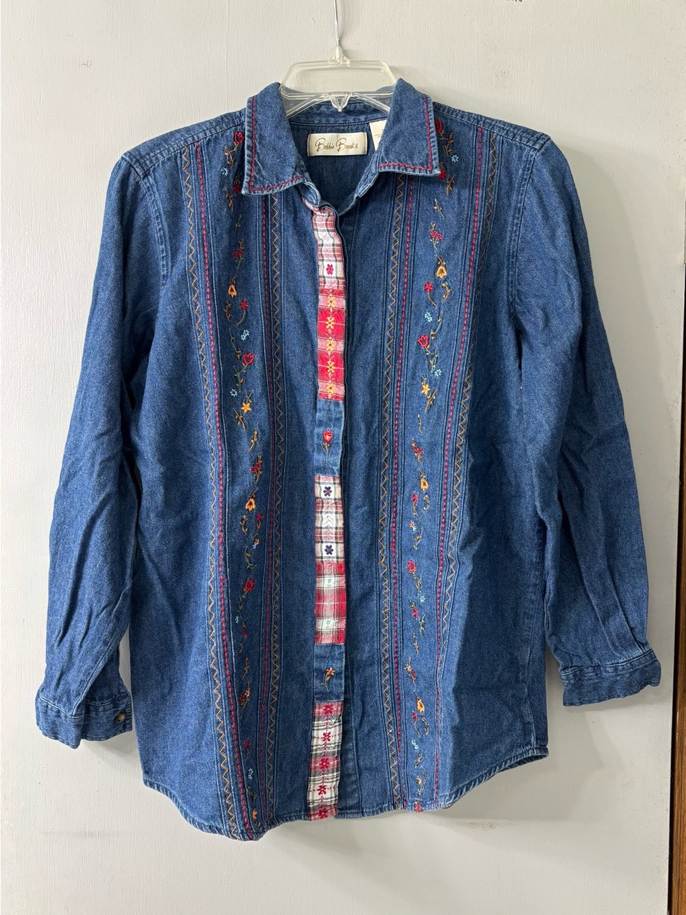 Bobbie Brooks Blue Embroidered Denim Button-Down Shirt with Red Plaid Trim